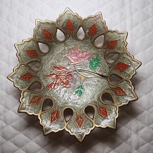 Vintage Etched Enameled Cloisionne Pedestool Solid Brass Bowl